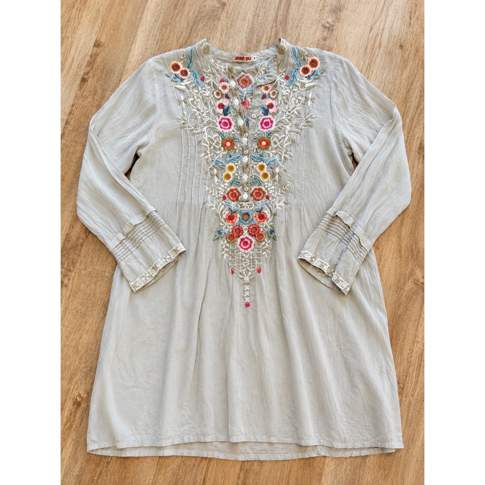 Johnny Was Embroidered Floral Dress Rayon Beige Boho C82763 Medium - Picture 10 of 11
